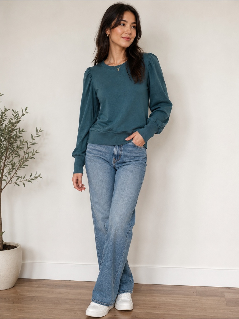 Another Love Teal Top with Light Blue Flare Jeans
